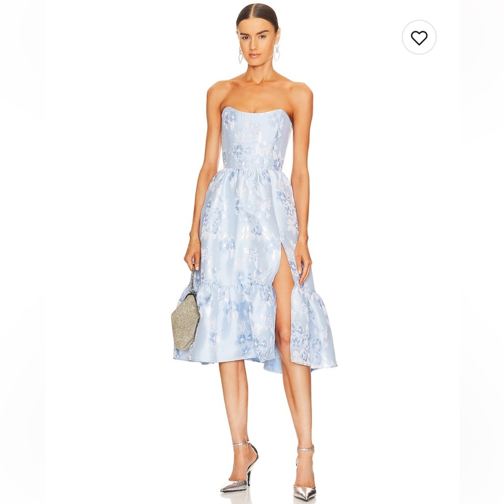 V. Chapman Strapless Pale Blue Floral Midi Dress with Side Slit